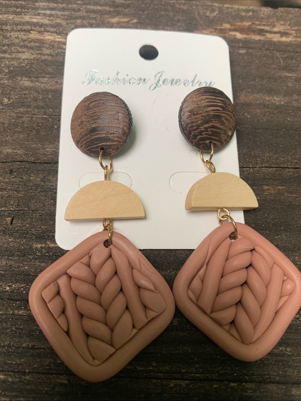 NWT-Fashion Jewelry Braided Drop Earrings in Blush Rose and Wood